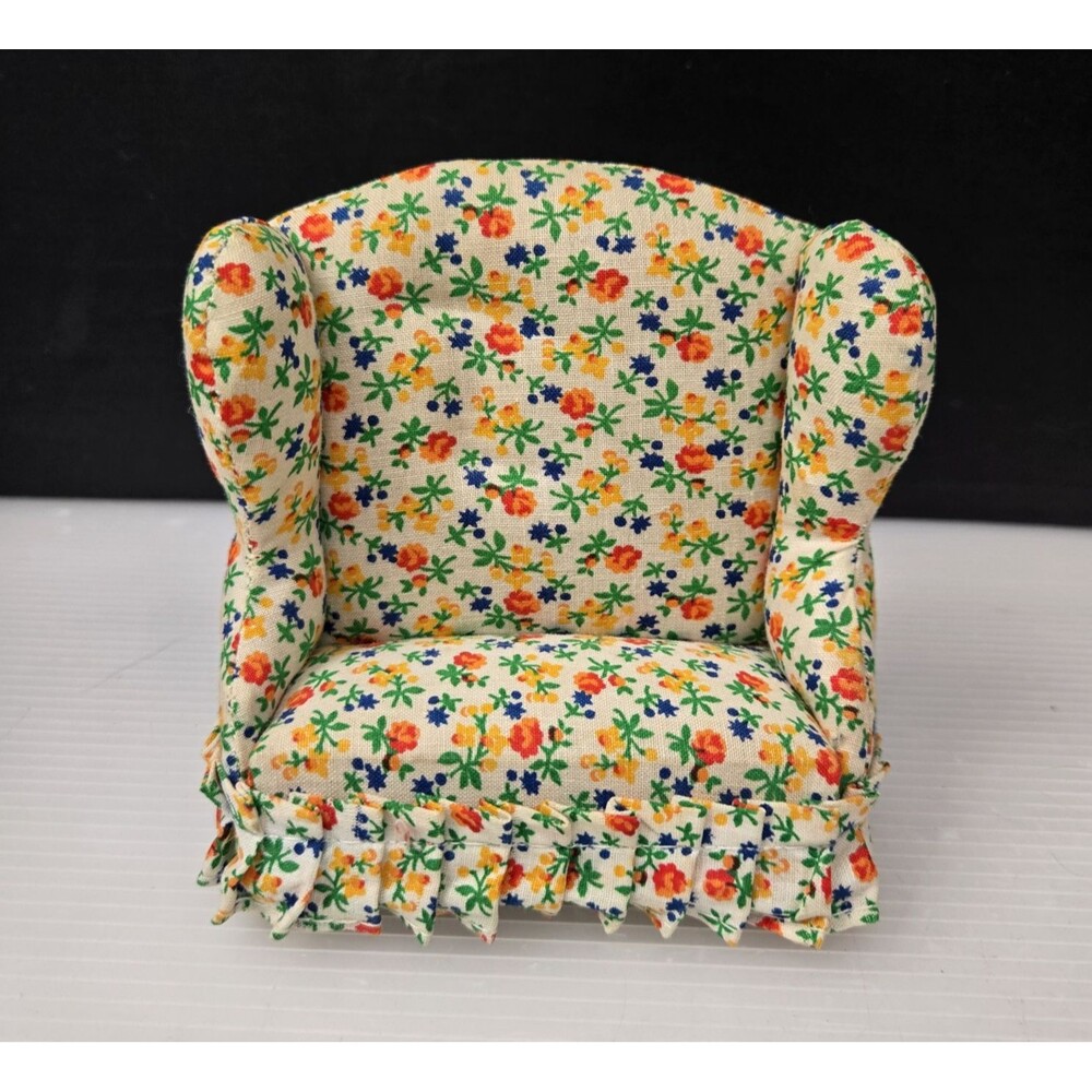 Vintage Dollhouse Miniature Upholstered Floral Wing Back Loveseat Couch